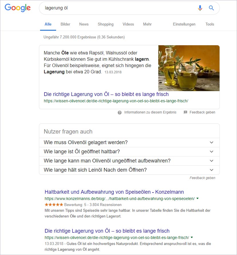 Featured Snippet for search query "Lagerung Öl" | Position 0